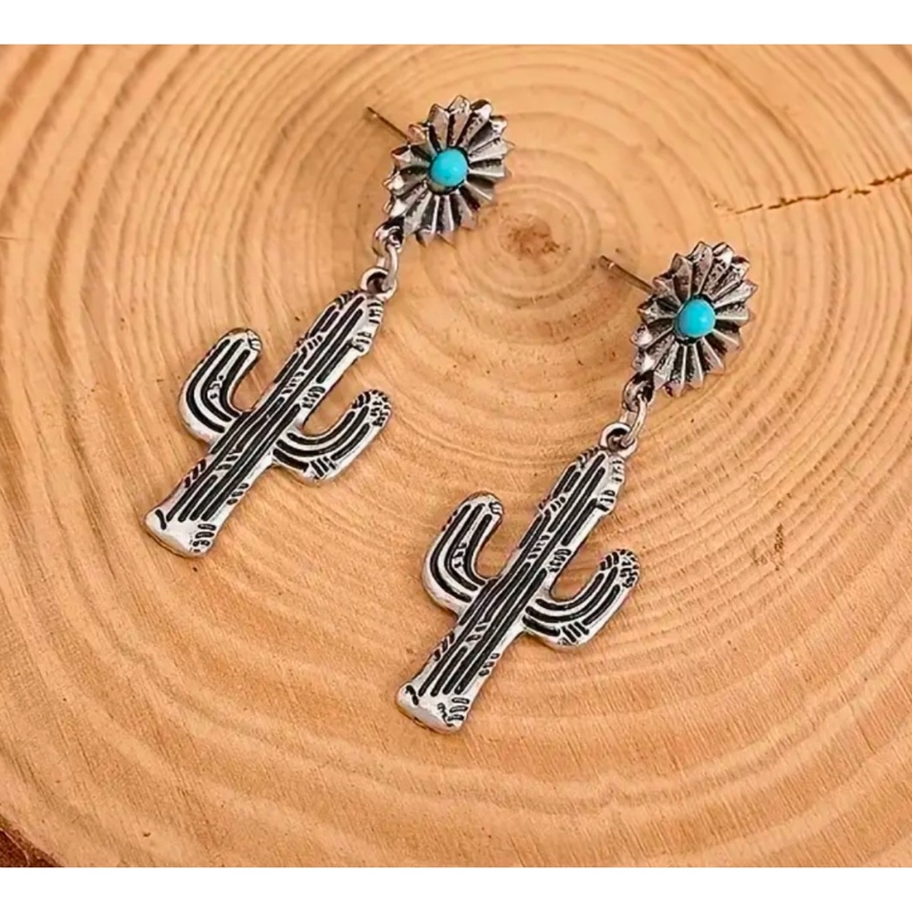 NEW Silver & Turquoise Cactus Earrings